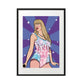 Framed illustration of Taylor Swift in a colorful outfit against a purple starburst background