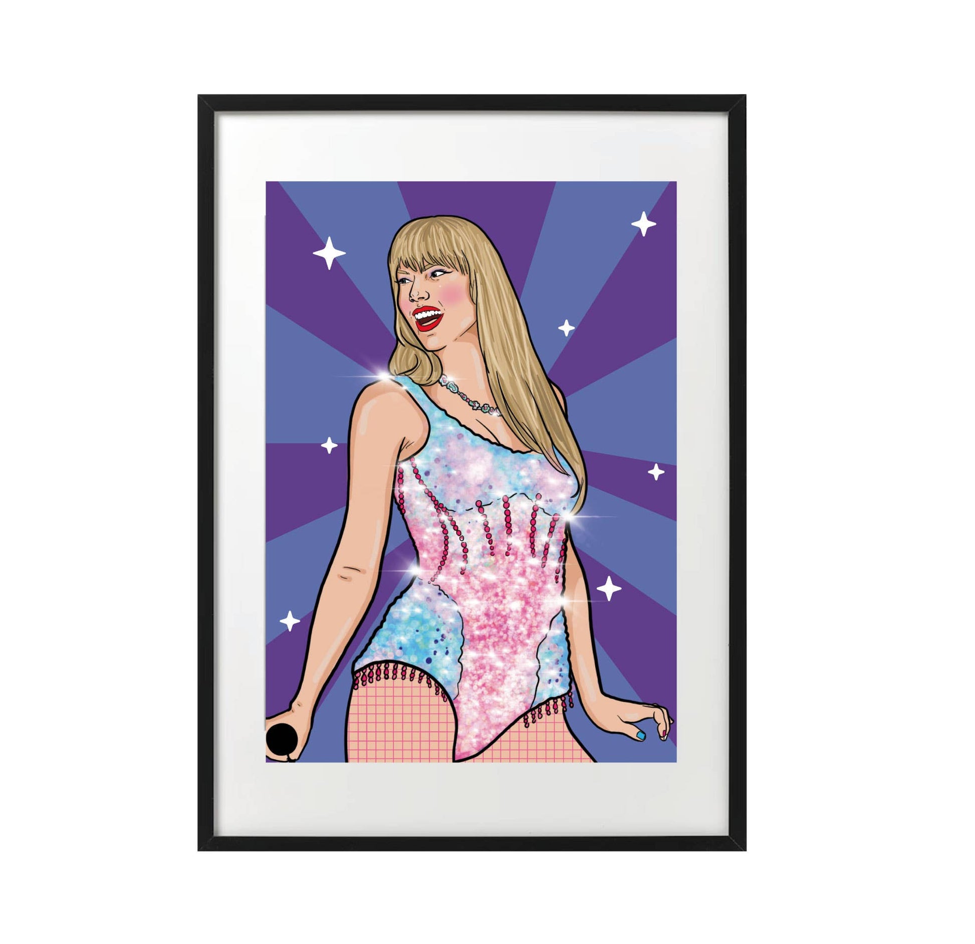 Framed illustration of Taylor Swift in a colorful outfit against a purple starburst background