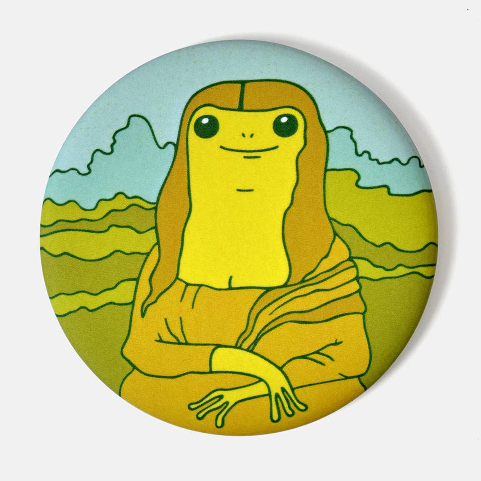 Circular artwork of a stylized Mona Lisa with a greenish hue on a light blue background.