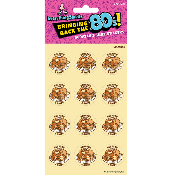 Pack of scratch and sniff stickers with pancake design on a yellow background