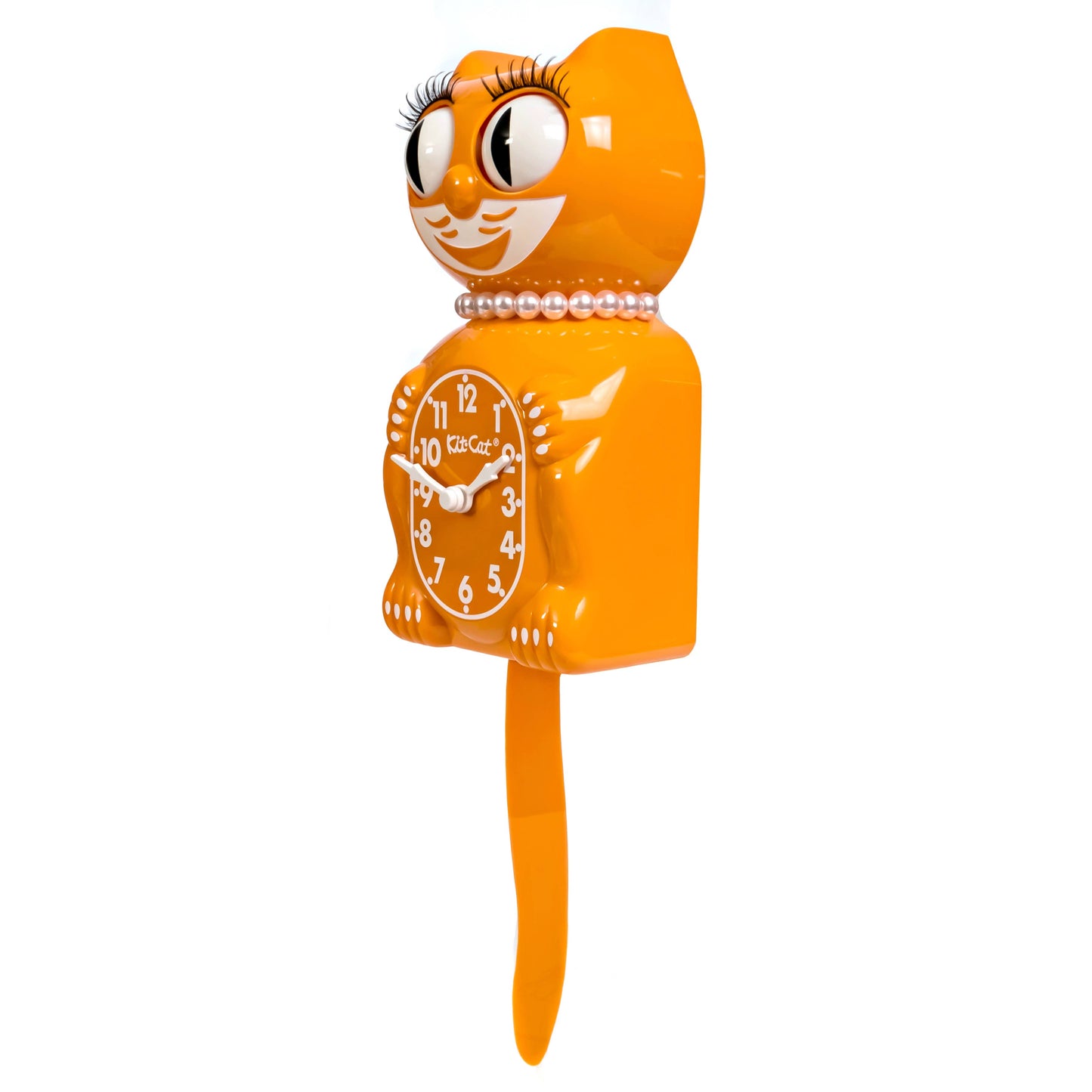 Orange cat clock with pearls on a white background
