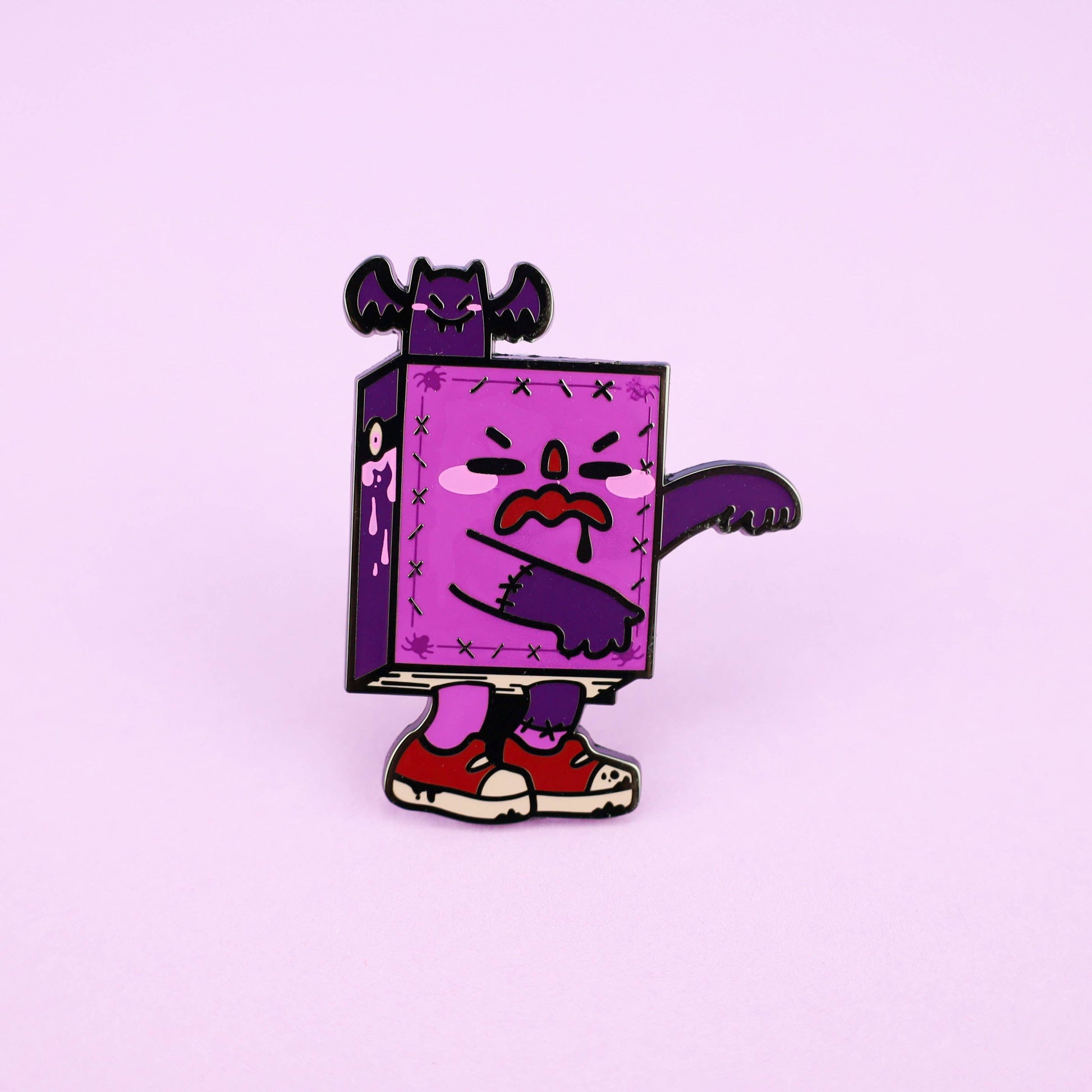 Cartoon character with a purple book body on a light pink background