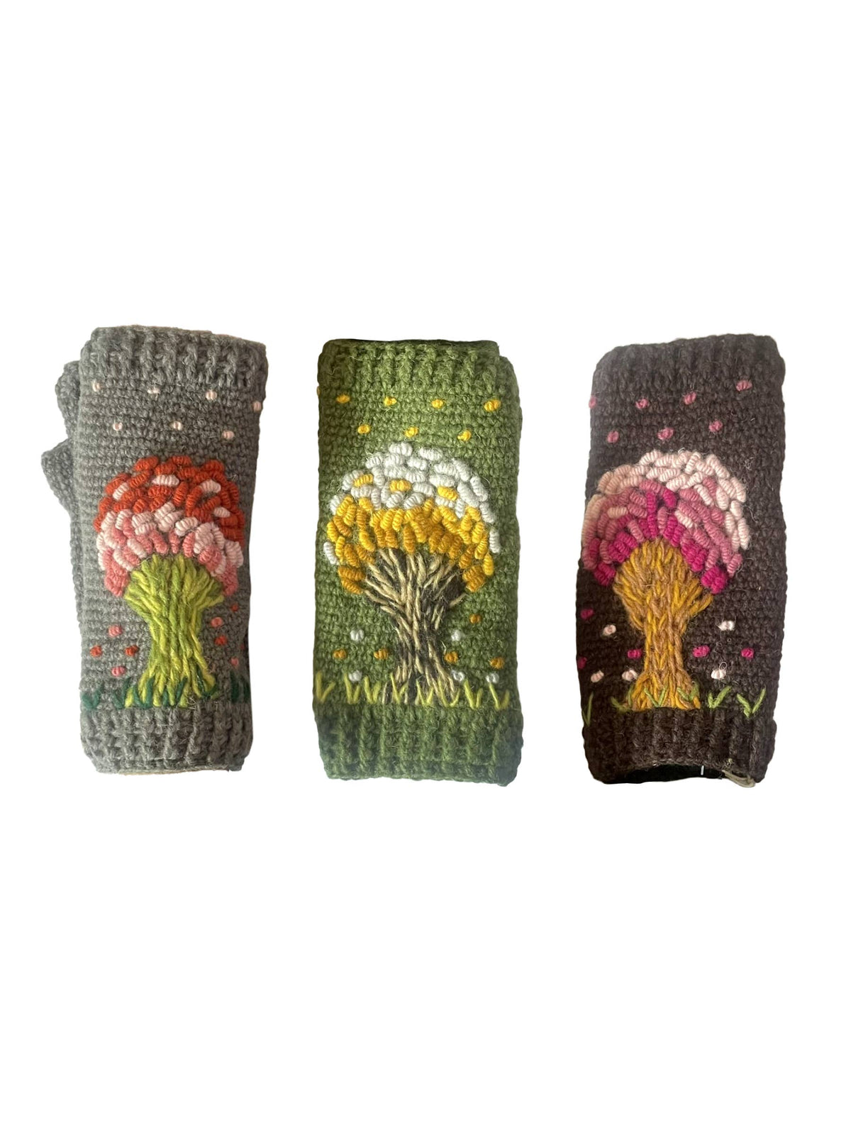 Whimsical Tree of Life Fingerless Gloves Hand Embroidered