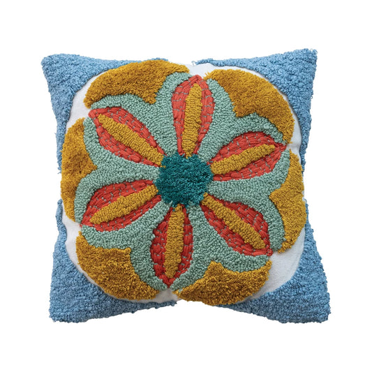16" Square Fabric Tufted Indoor/Outdoor Pillow with Flower