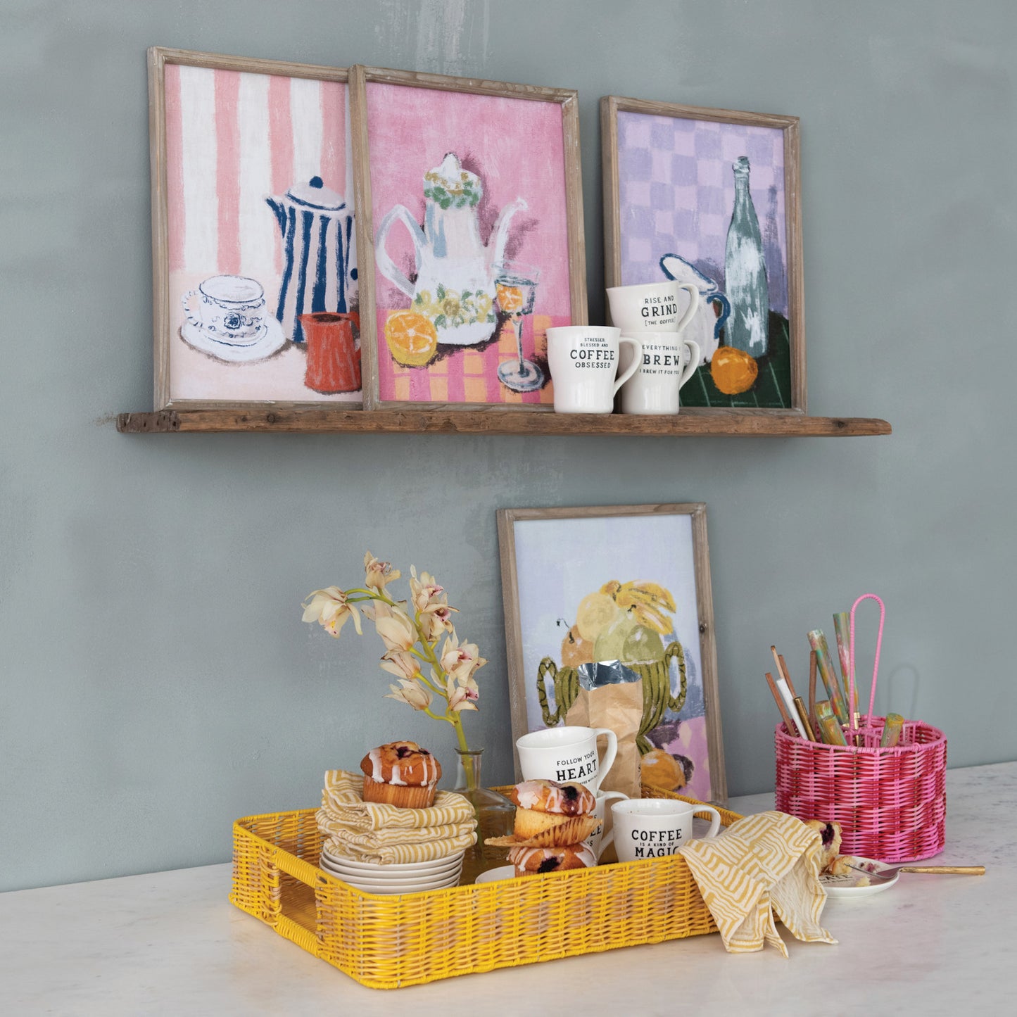 Woven Plastic Pink Caddy w/ Handle & 4 Sections