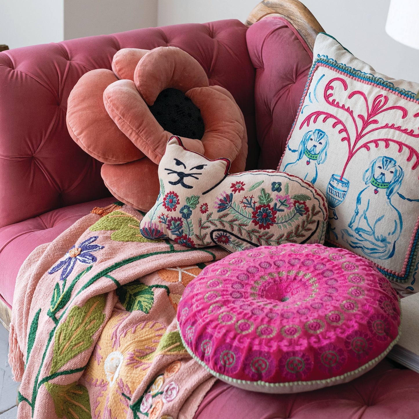 Cotton Velvet Cat Shaped Pillow with Botanicals & Embroidery