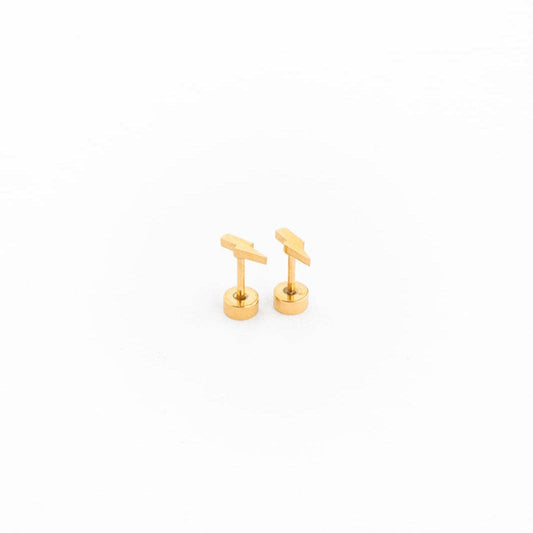 Pair of gold lightening earrings on a white background