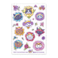 Sheet of colorful cat-themed stickers with flowers on a white background