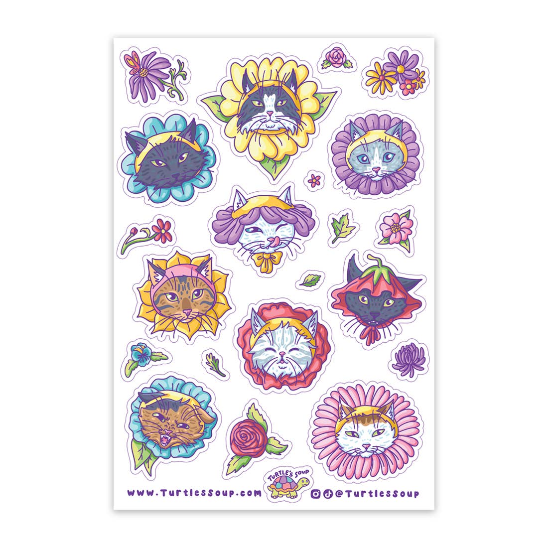 Sheet of colorful cat-themed stickers with flowers on a white background