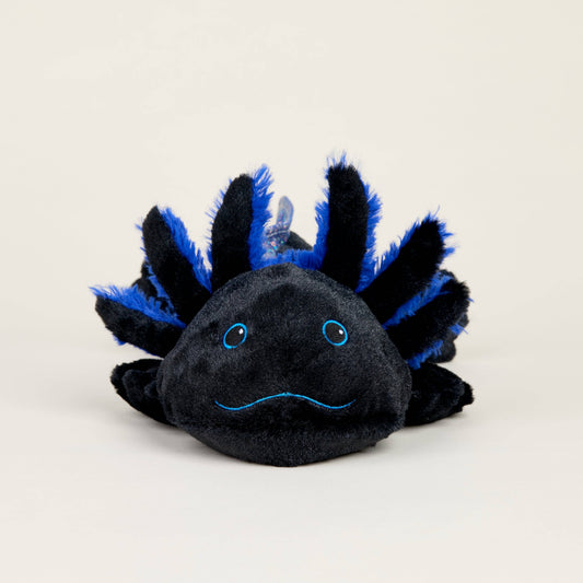 Black and blue axolotl plush toy on a white background