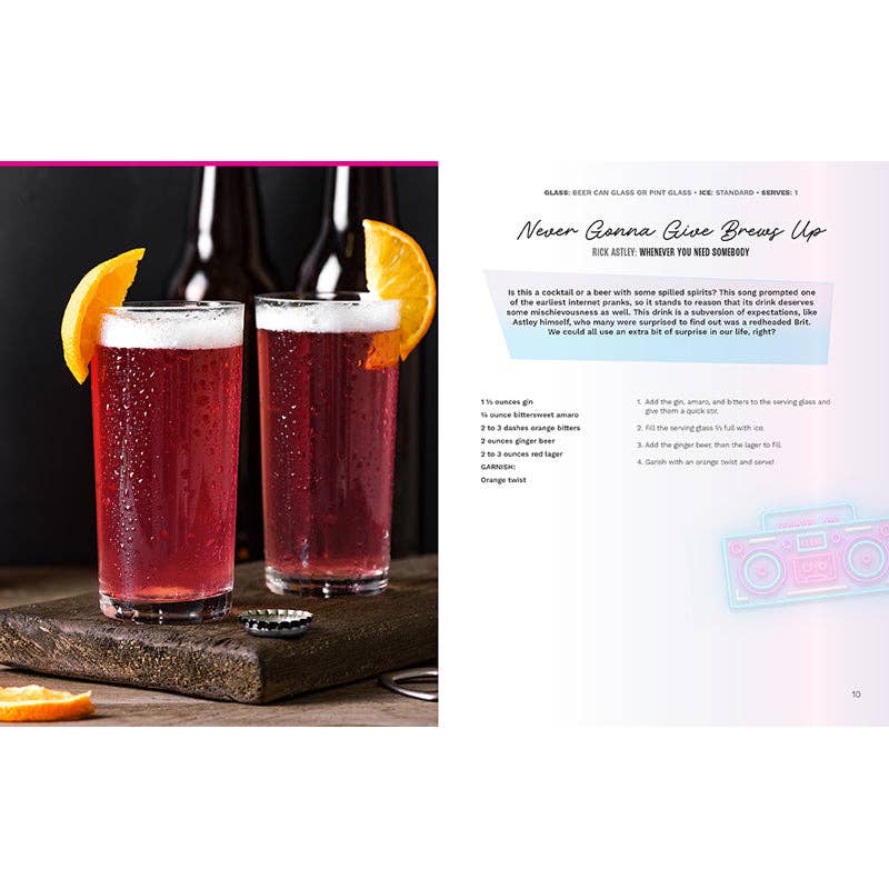 Two glasses of red beverage with orange slices on a wooden board, next to a bottle, with text on the right side.