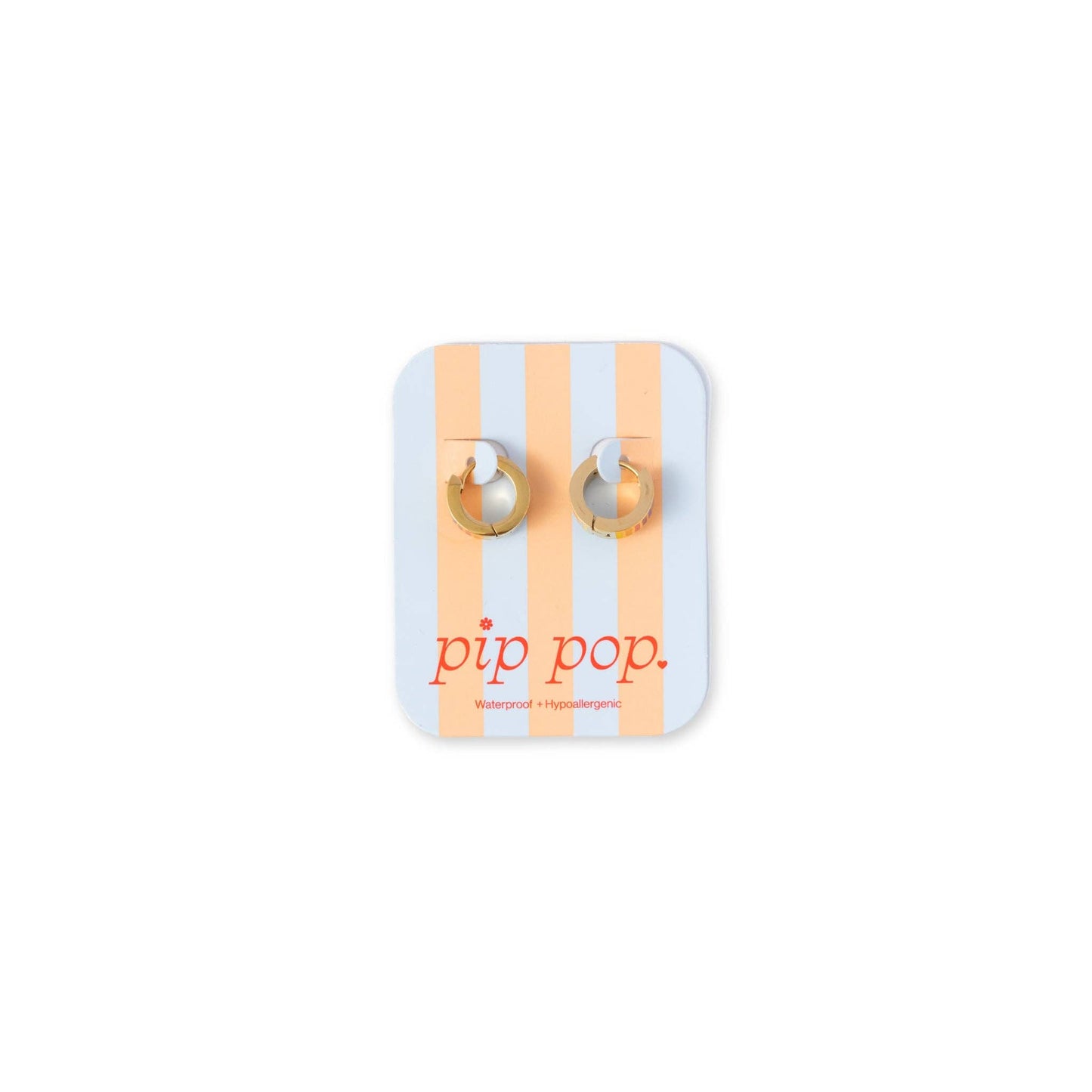 Gold hoop earrings on a striped 'pip pop' card against a white background