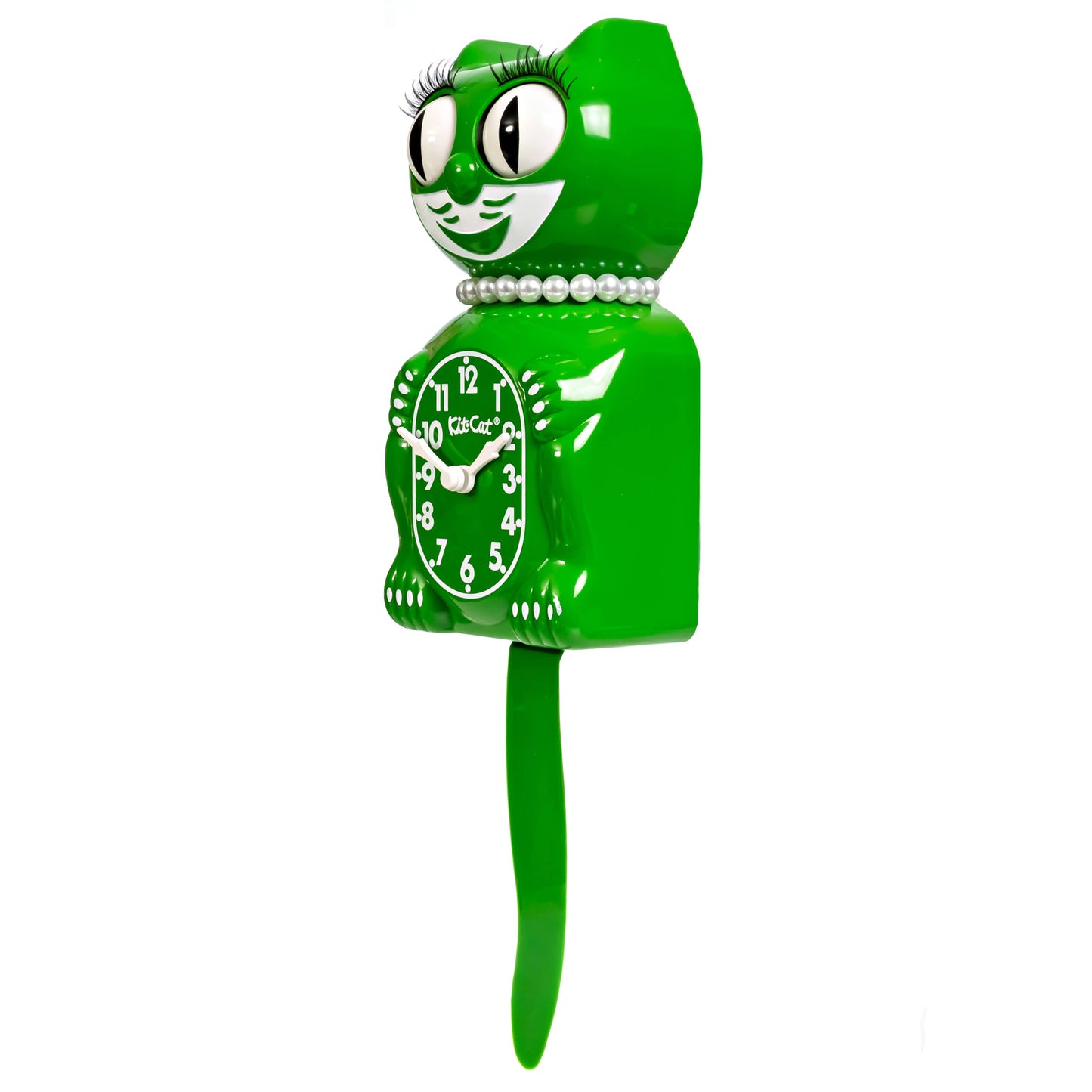 Green clock-shaped object with a face and pearl necklace on a white background