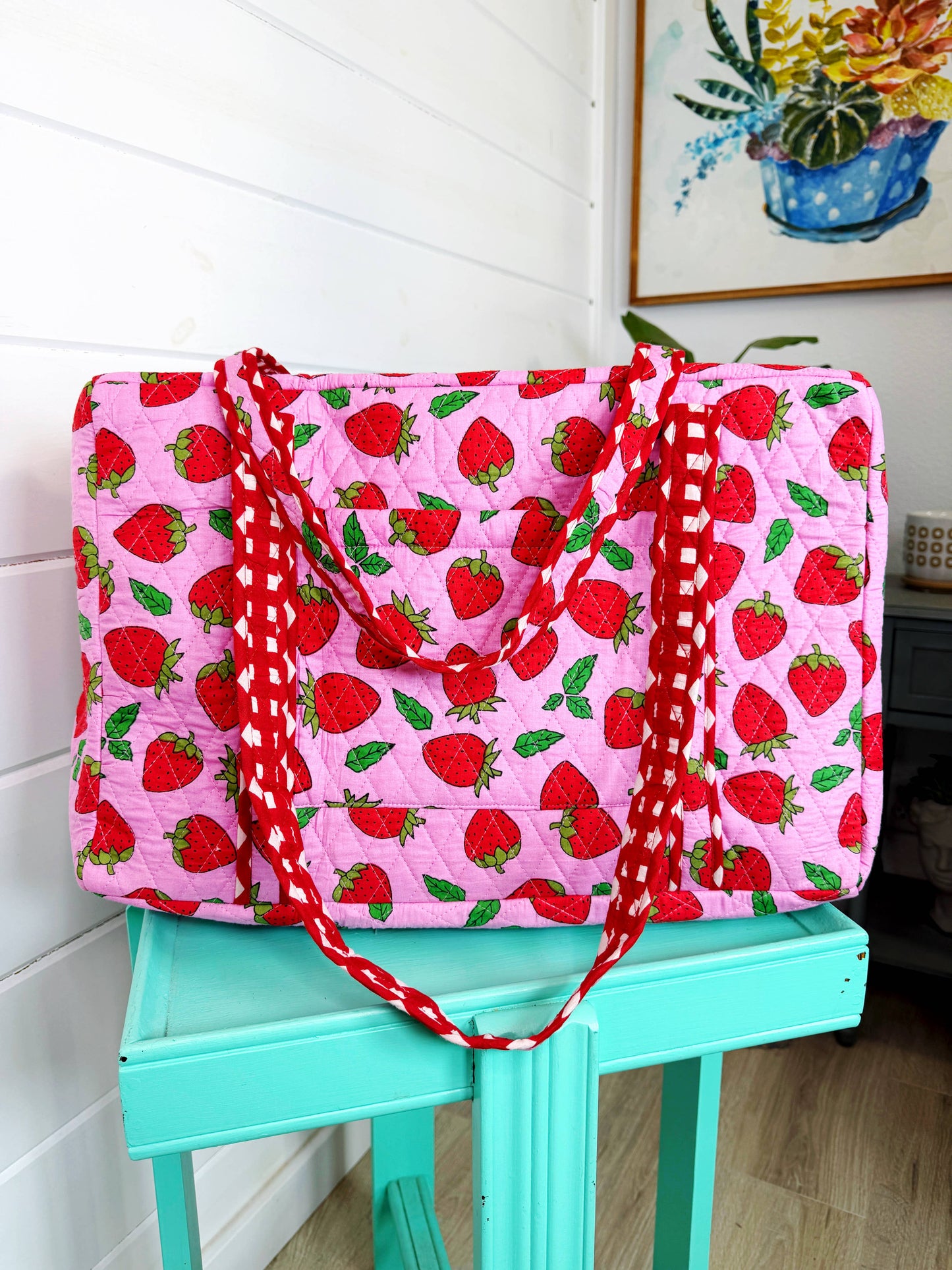 Quilted Duffle Bag | Weekender Overnight Bag | Strawberry