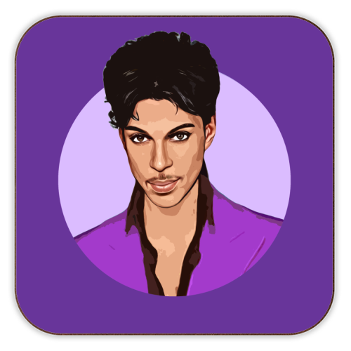 Illustration of Prince wearing a purple jacket on a purple background