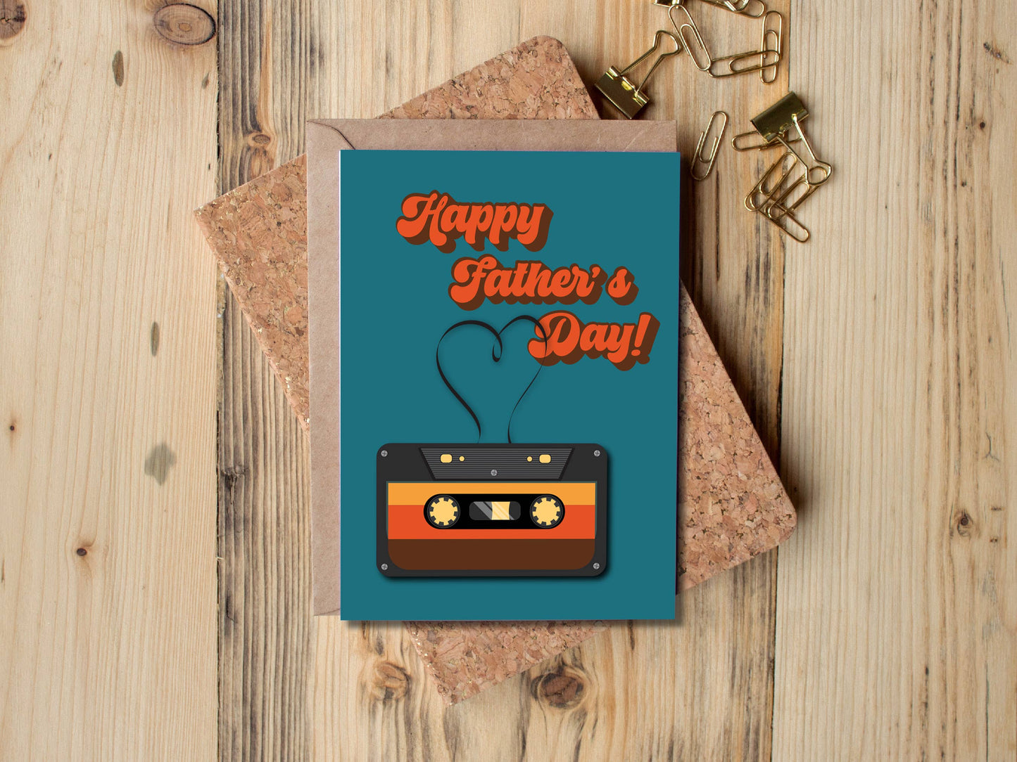 Father's Day card with cassette tape design on a wooden surface