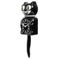 Black cat-shaped clock with pearls and white face on a white background