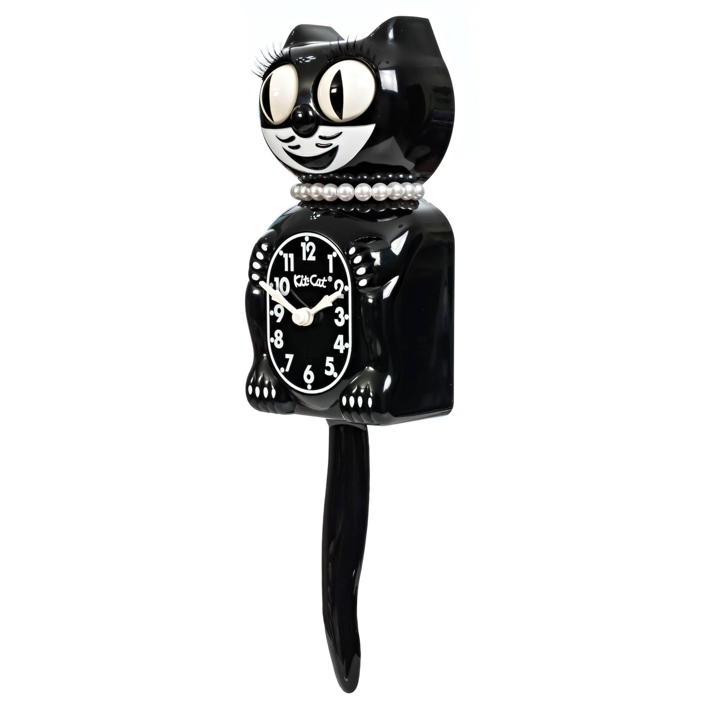 Black cat-shaped clock with pearls and white face on a white background