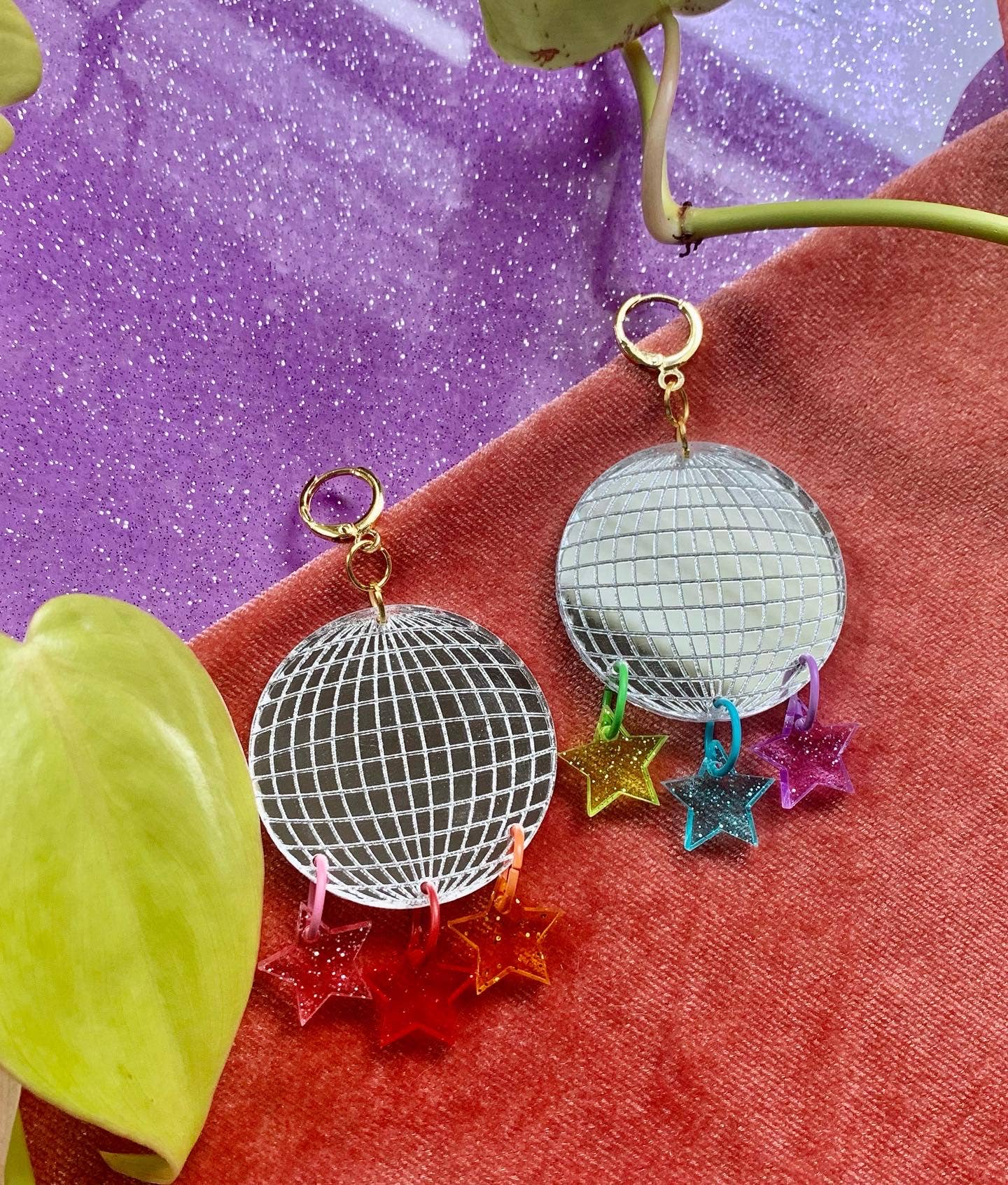 Acrylic Disco Ball Earrings with Stars