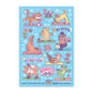 Sheet of stickers with cartoon animals doing yoga on a blue background