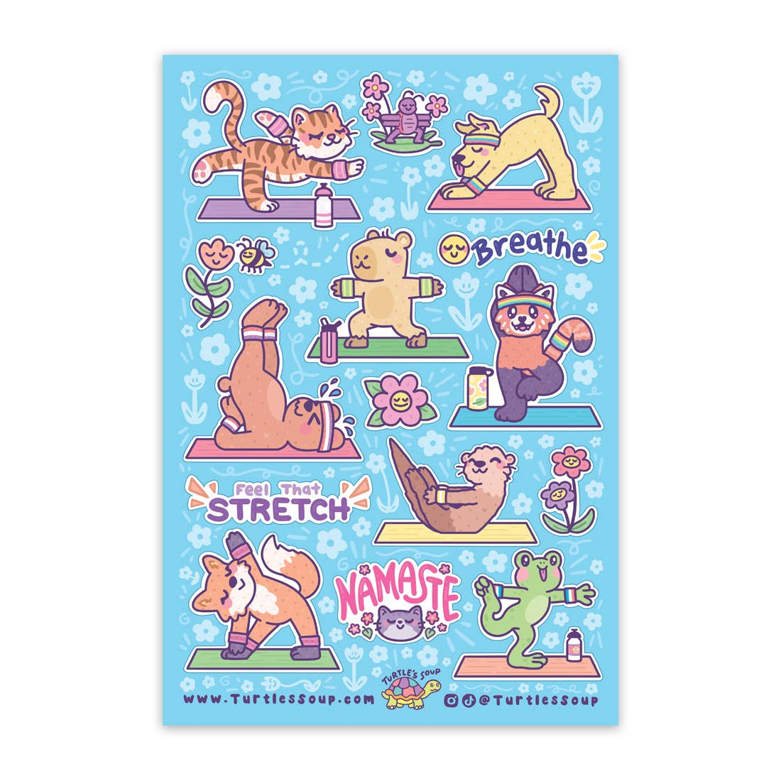 Sheet of stickers with cartoon animals doing yoga on a blue background