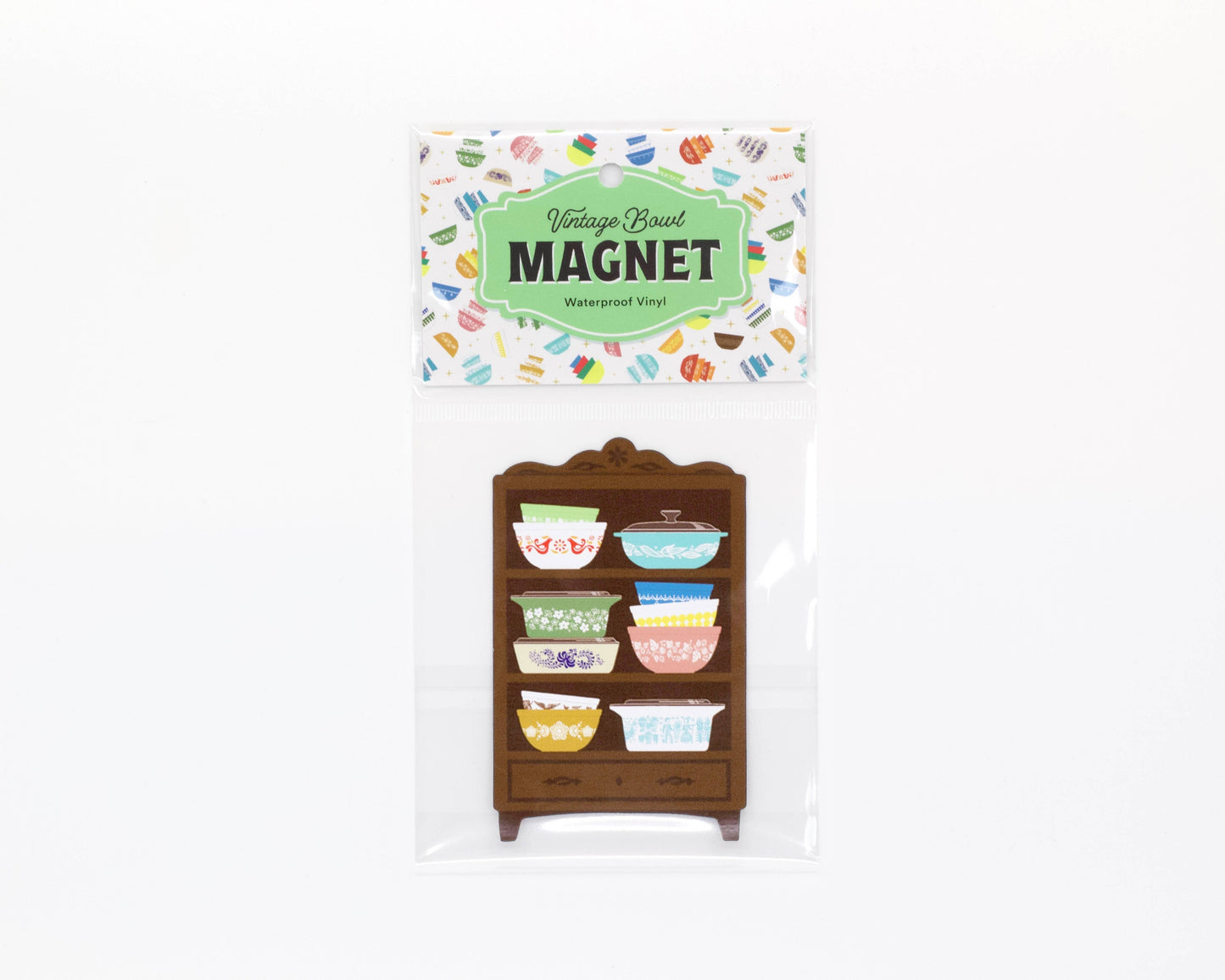 Packaged vintage bowl magnet set with colorful bowls on a white background