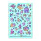 Colorful sticker sheet with various cartoon characters on a light blue background
