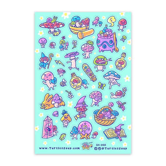 Colorful sticker sheet with various cartoon characters on a light blue background