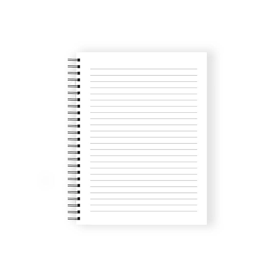 White notebook with black spiral binding on a white background