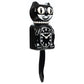 Black cat-shaped clock with a pearl necklace on a white background