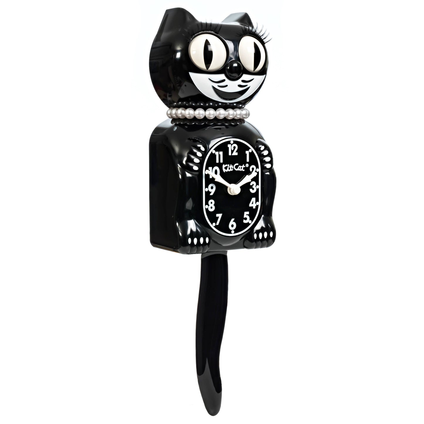 Black cat-shaped clock with a pearl necklace on a white background