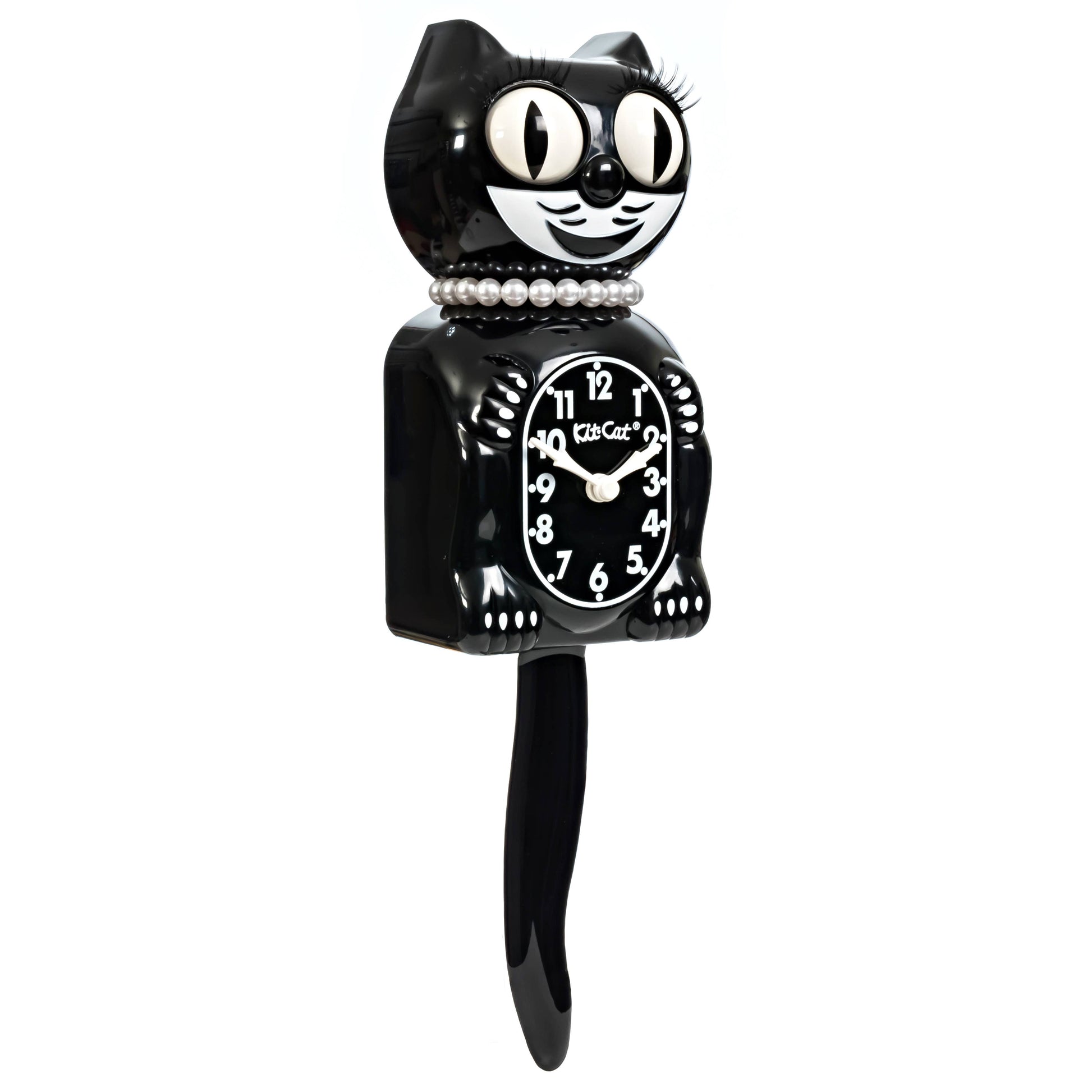 Black cat-shaped clock with a pearl necklace on a white background