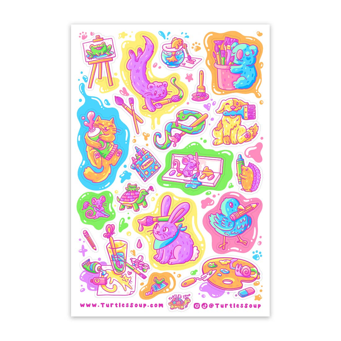 Colorful sticker sheet with various cartoon characters and objects on a white background