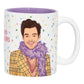 Mug with a colorful design featuring Harry Styles wearing a purple scarf and checkered jacket on a white background.