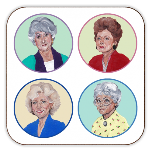 Set of four coasters with illustrations of four women from Golden Girls on a white background