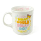 White mug with colorful text 'What Would Dolly Do?' on a white background