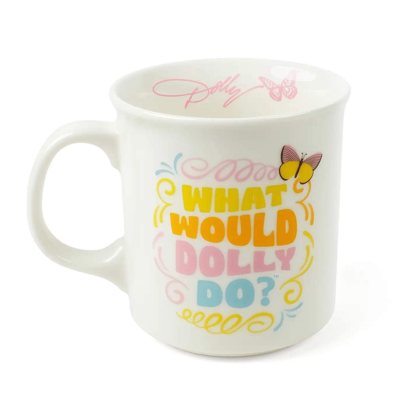 White mug with colorful text 'What Would Dolly Do?' on a white background