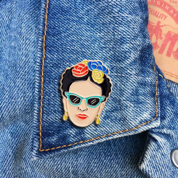 Frida Kahlo pin on a denim jacket
