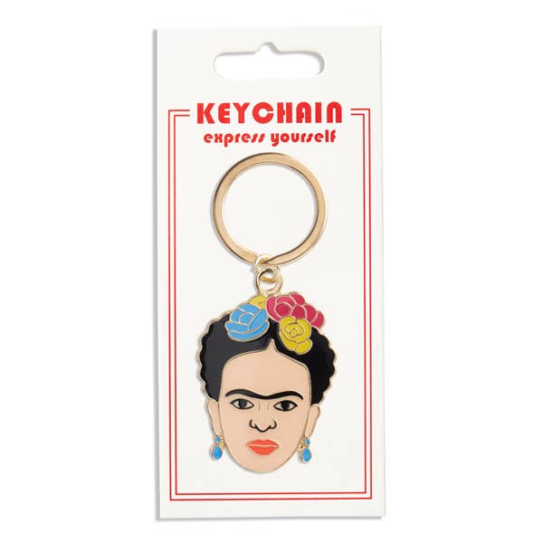Frida Kahlo keychain on a white card with 'Keychain Express Yourself' text