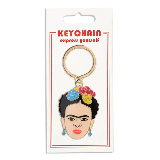 Frida Kahlo keychain on a white card with 'Keychain Express Yourself' text