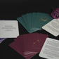 Set of tarot cards with descriptive text on a dark background