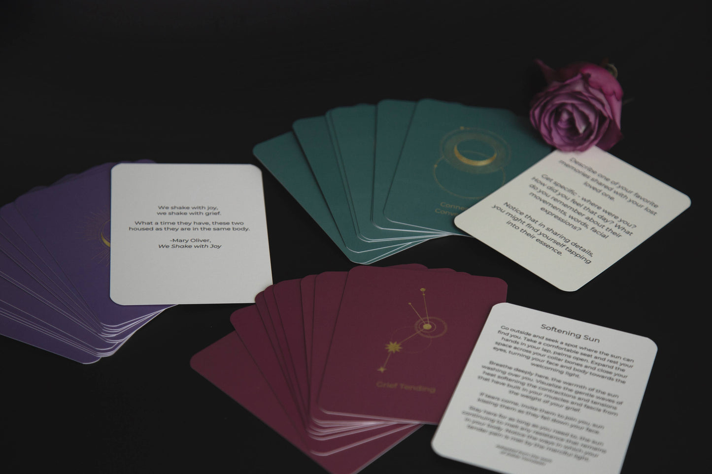 Set of tarot cards with descriptive text on a dark background