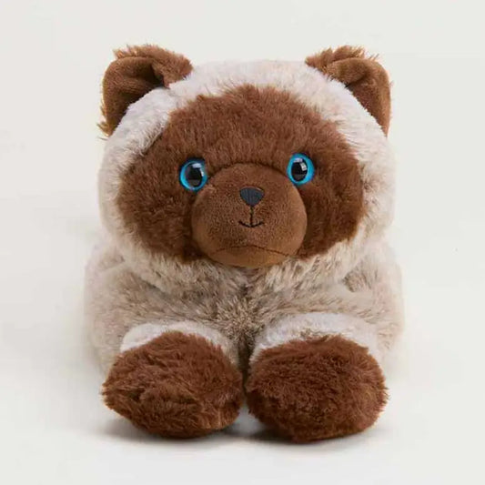 Plush toy cat with brown and beige fur on a white background