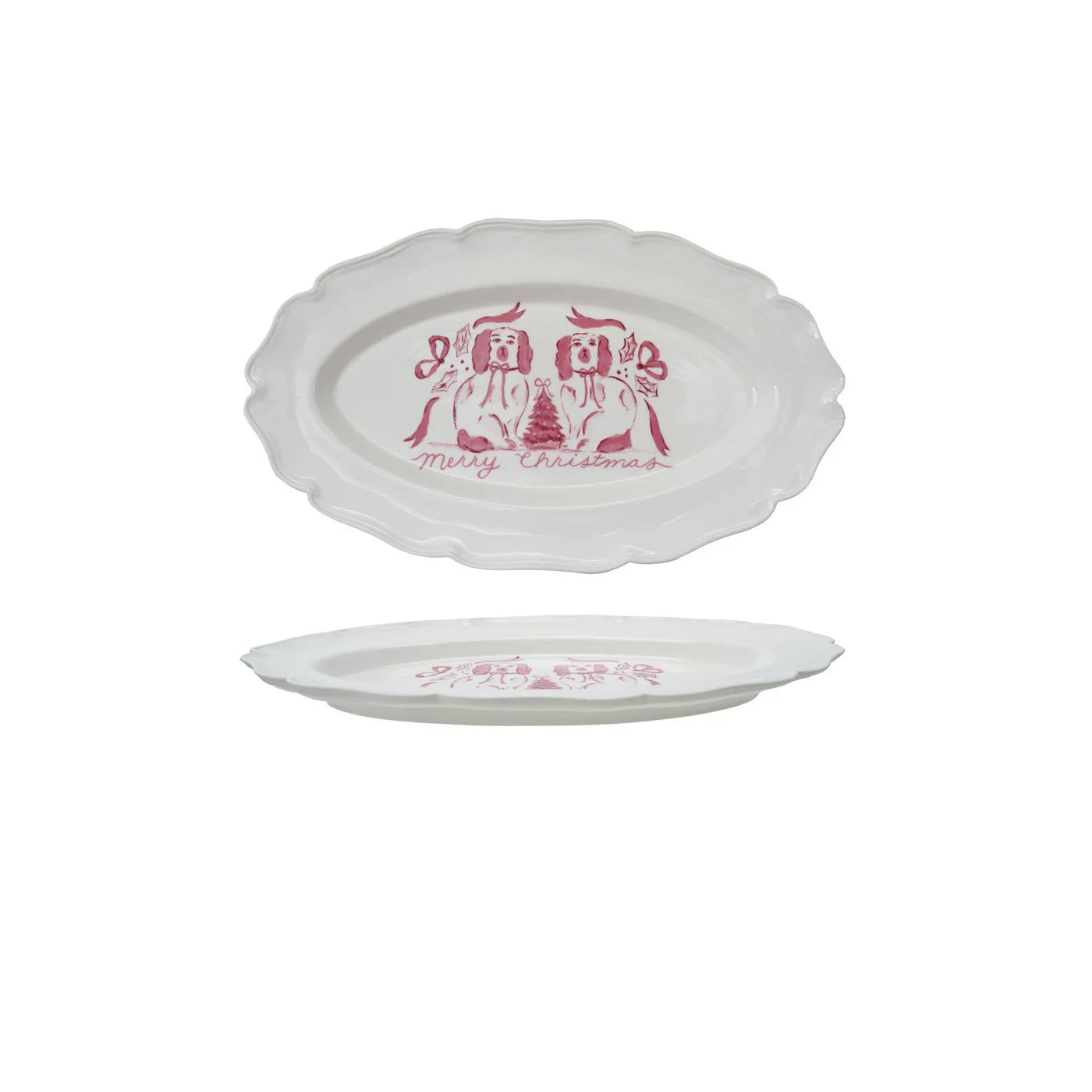 Stoneware Scalloped Platter with Staffordshire Dogs